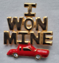 I Won Mine Pin Brooch Red Cadillac Car Rhinestone Wheels Goldtone Pendant - £11.91 GBP