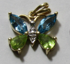 10k Yellow Gold 3/4&quot; Butterfly Pendant 2 Pear Peridot 2 Marquise Blue Topaz 2g - £97.31 GBP