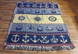 Nautical Sailboat Compass Anchor Tapestry Throw Blanket Blue Cream Fring... - $37.06