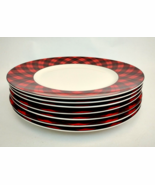 222 Fifth Christmas Plaid Set of 7 10.5&quot; Dinner Plates Red Argyle Rare N... - $3,769.03 MXN