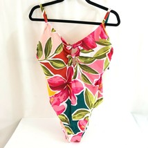 Beach Betty by Miracle Brands One Piece Swimsuit Keyhole Floral Pink Yellow L - £15.50 GBP