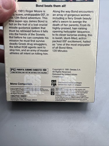 For Your Eyes Only (VHS 1984) James Bond CBS/FOX Roger Moore  Bouquet New Item image 7
