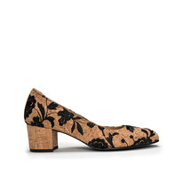 Vegan Mid-Heel Pump Decolletage on Organic Embroidered Cork Breathable L... - $118.40