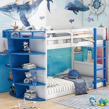 Twin Over Twin Boat-Like Shape Bunk Bed With 5-Tier Storage Shelves,Guar... - $678.99