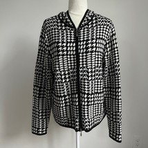 Chico&#39;s Black &amp; White Houndstooth Hooded Cardigan Sweater Silk Blend Medium 12 - £37.77 GBP