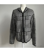 Chico&#39;s Black &amp; White Houndstooth Hooded Cardigan Sweater Silk Blend Med... - £38.22 GBP