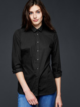 GAP Women Black Poplin Cotton Long Sleeve Button Front Slim Fit Dress Sh... - £27.68 GBP