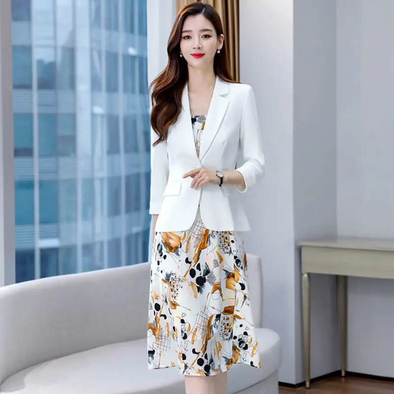  Summer  Slim Thin Suit Coat Floral Dress Two-piece Women Korean Autumn Eleagnt  - £114.84 GBP