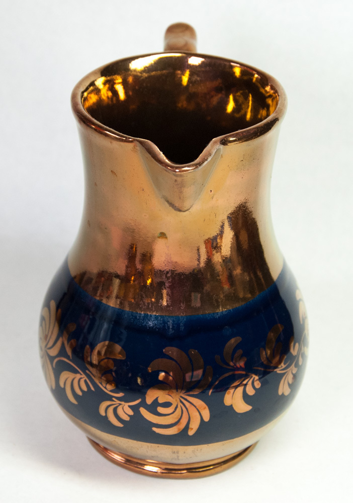 Copper Lusterware 24 oz Milk Pitcher 6.5" Tall Blue Band Made in England Jug Item image 3