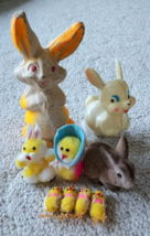 Vintage Easter Decorations Lot Paper Mache Flocked  Spun Cotton Rabbits Chicks - £31.17 GBP