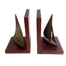 Wood and Brass Bookend Set Sailboats Tropical Nautical Office 7.5&quot;x 4&quot; Vintage - £26.15 GBP