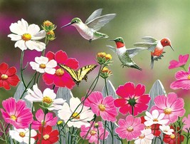 FRAMED CANVAS ART PRINT giclee hummingbirds butterfly in cosmos flower garden - £31.13 GBP+