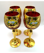 Vintage MURANO Tre Fuochi DECANTER Glasses Red 24K Gold Overlay Mouth Blow - £196.17 GBP