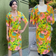 Vtg 60&#39;s Robert Louis Calif floral Suit neon Skirt crop Jacket Set S 4 6 - $153.45