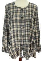 Flax Women’s Shirt  Long Sleeve Button Up Tan Black Plaid W/ Pockets Size Medium - £28.41 GBP