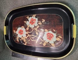 VINTAGE JAPANESE BLACK LACQUER TRAY 11 X 17 X 1 PEONY FLOWERS GOLD RIMMED - £17.13 GBP