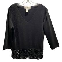 Vtg M Joseph A Black CROCHET GRANNY SQUARE STUDS HEM Sparkle Sweater Top... - $16.82