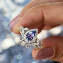 2.ct Pear Tanzanite Marquise Diamonds Halo Unique Wedding Ring 14k White Gold - £208.48 GBP