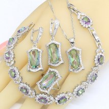 Geometric Rainbow Zircon Wedding Jewelry Sets For Women Necklace Pendant Earring - £28.58 GBP