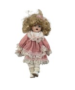 Porcelain Girl Doll Pink Dress Blonde Curly Hair Blue Eyes Collector Vin... - $360.06 MXN