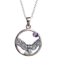 Owl Moon Amethyst Pendant Necklace 925 Sterling Silver 18&quot; Chain Boxed Jewellery - £24.24 GBP