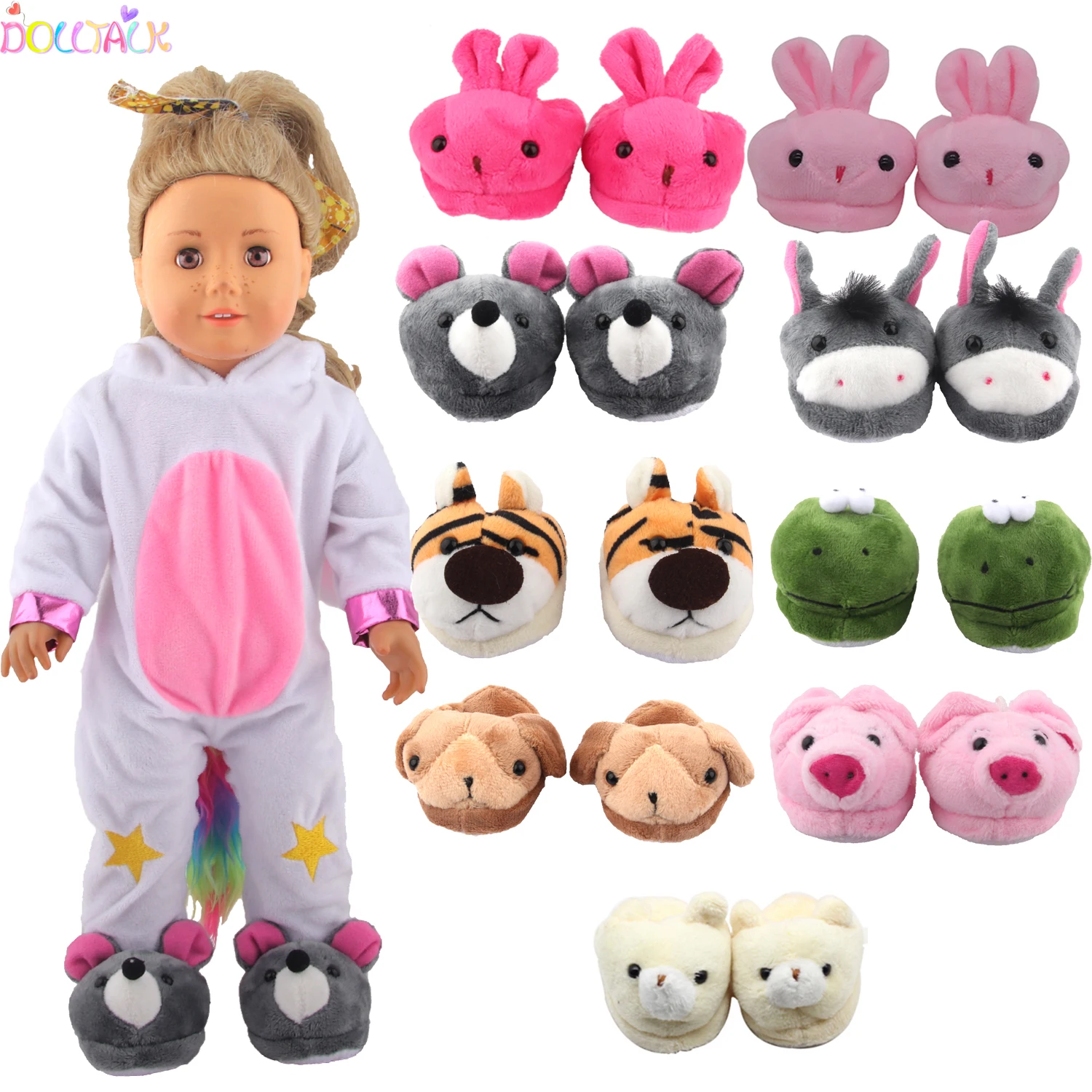 Doll Shoes 7cm Cute Frog, Tiger, Pig Plush Animal Slippers For American 18 Inch - £6.86 GBP