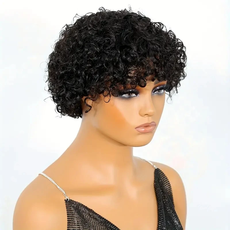 100% Human Hair Short Pixie Cut Wig with Bangs - Curly Wavy Short Wig fo... - $25.88