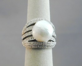 Wide Sterling 7 Row Baroque Pearl &amp; Diamond Ring 6 - $29.99