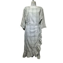 Chelsea28 Grey Plaid 3/4 Sleeve Faux Wrap Midi Ruffle Dress Size L - £30.67 GBP