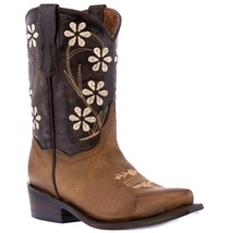Kids Western Boots Floral Stitched Smooth Leather Brown Snip Toe Botas - $54.99