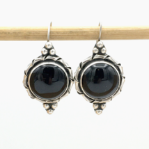 ONYX &amp; sterling silver vintage drop earrings - chunky round black stone cabochon - £18.67 GBP