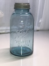 Vintage Large Ball Blue Glass Perfect Mason Jar, Zinc Lid W/ Milk Glass Insert - £55.87 GBP