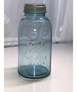 VINTAGE LARGE BALL BLUE GLASS PERFECT MASON JAR, Zinc Lid W/ Milk Glass ... - £53.36 GBP