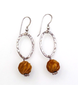 Vtg Handcrafted Sterling Silver Wood Bead Hammered Oblong Hoop Dangle Ea... - $21.78