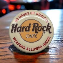 VTG Hard Rock Cafe Pinback 1.5&quot; Button Pin No Drugs/Nuclear Weapons Allowed Logo - £3.04 GBP