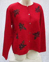 Villager Sport Red Wool Cardigan Sweater with Plaid Leaf Bead Appliques ... - $28.49