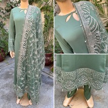 Pakistani Sage Green Long  Style Embroidered Sequins fancy Chiffon Dress,L - £89.59 GBP