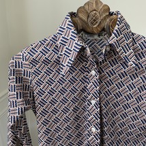 Vintage 70s Cricket Lane Brown Blue Dagger Collar Polyester Button Front... - $429.46 MXN