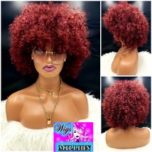 Jay&quot; Wine Color Short Hair Afro Kinky Curly Wig Synthetic Wine Color Full Cap, G - £53.56 GBP
