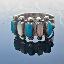 VINTAGE NATIVE AMERICAN 925 STERLING SILVER TURQUOISE AND ABALONE RING S... - $58.41