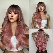 Long Pink Wig with Bangs, 26 inch Long Wavy Bob Wig, Ombre Pink Heat Resistant   - £15.50 GBP