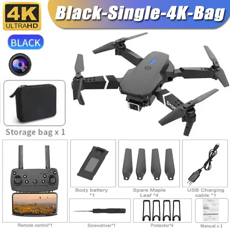 Professional E88 Drone 4K HD Camera WiFi FPV Foldable RC (Black Single 4K) - $45.00