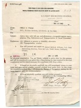 1942 WWII US Naval Reserves NRB Form 93B Ordering From Inactive Duty To Acive   - £16.24 GBP