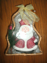 NEW Ceramic Santa &amp; Candles Gift Set w/ bamboo &amp; wire Christmas tree basket - £5.64 GBP
