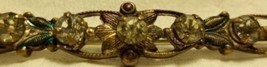Metal Bar Pin Brass White Rhinestones Victorian Floral Green Design - £15.81 GBP