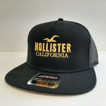 Hollister Flat Bill Trucker Mesh Snapback Cap Hat Black Embroidered - £15.56 GBP
