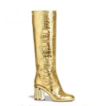 Gold Pattern Women High-Tube Boots Large Size Rhinestone Chunky Heel Long Boots  - £110.71 GBP