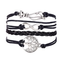 Women Cat Tree Multilayer Knit Leather Rope Chain Charm Bracelet Gift - £23.59 GBP