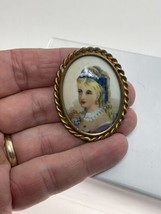 LIMOGES CAMEO Hand-Painted Lady in Blue Brooch French Porcelain Trombone... - $29.95