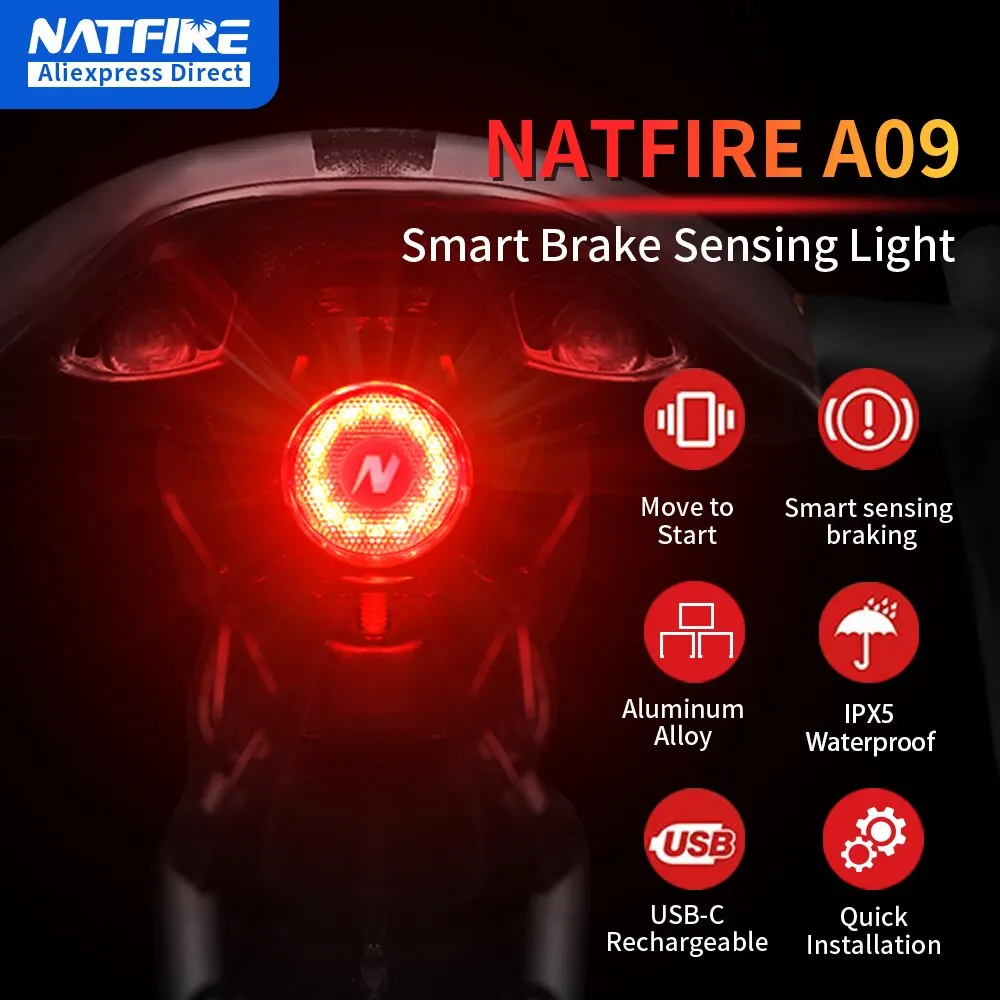 NATFIRE A09 Bicycle Smart Auto Brake Sensing Light Waterproof USB C Charging LED - £9.36 GBP